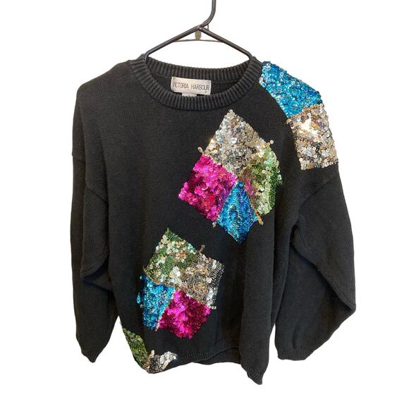 Vintage 80's Victoria Harbour Bright Sequined Long Sleeve Black  Sweater Large - Picture 1 of 8